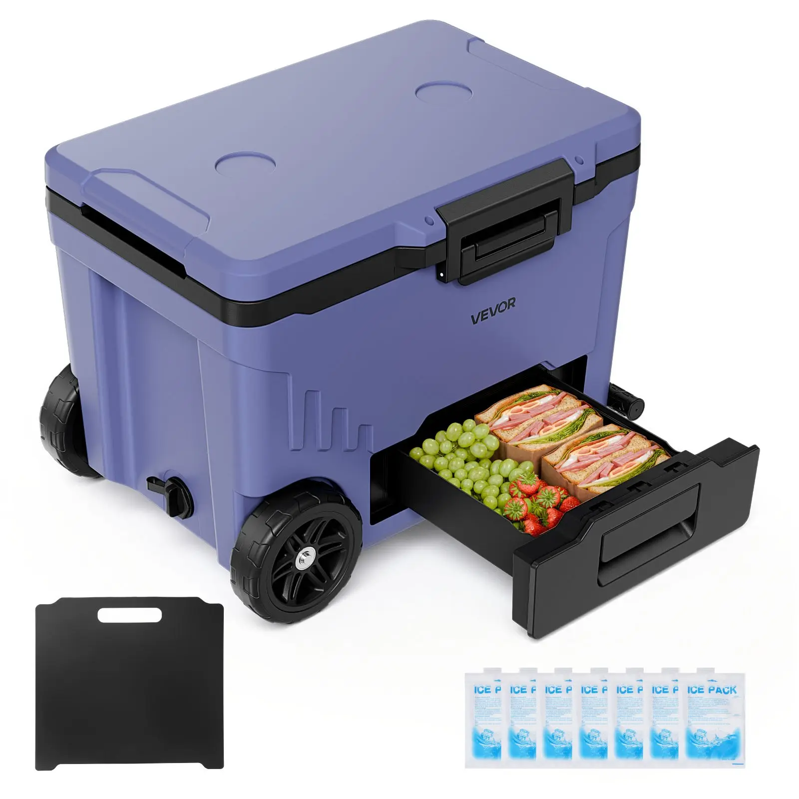 VEVOR Hard Cooler, 45QT Portable Rolling Cooler with Wheels, Leak-Resistant Coolbox Keeps Contents Cool for 48 Hours, Ice Retention Insulated Chests, Ultra-Light for Outdoor Picnics, Grill, Camping