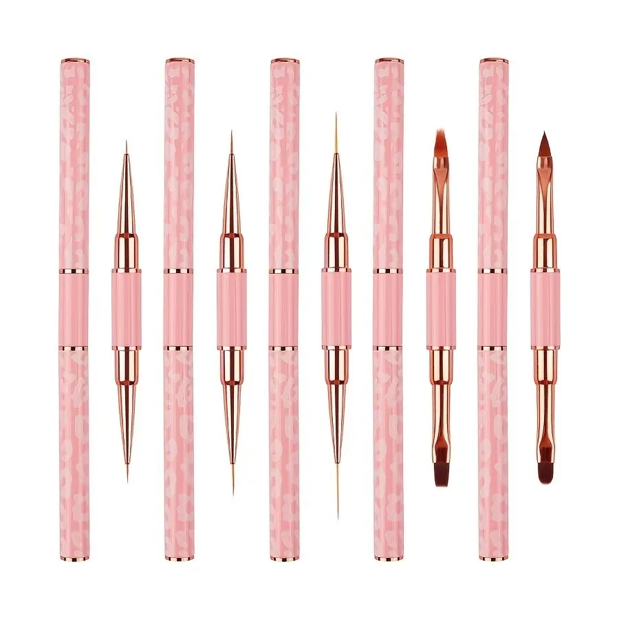 5-Piece Professional Nail Brush Set, Dual-Head Metal Handle, Leopard Print, Round, Flat, Slanted, Dot Brushes, Home & Salon Use, Durable