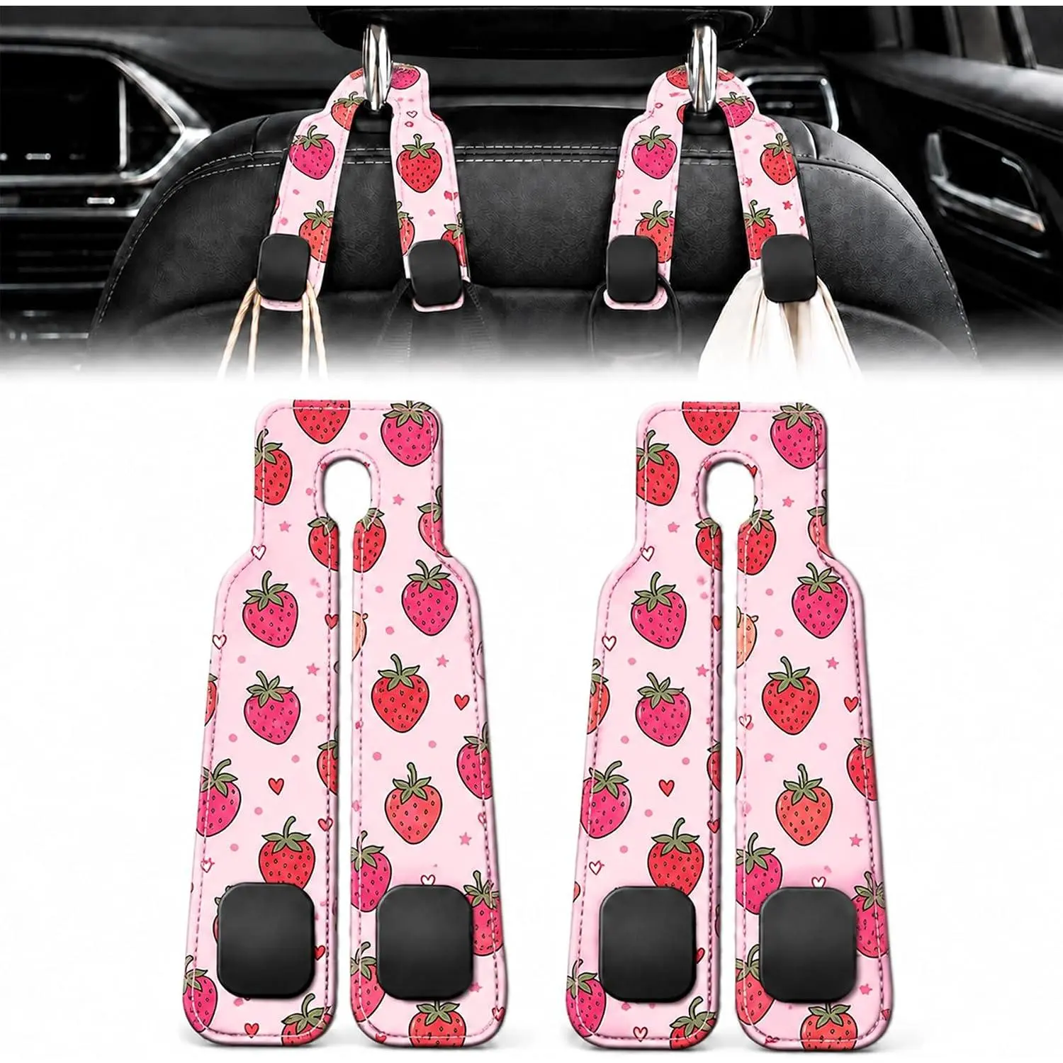 2 Pack  Strawberry  Headrest Hooks for Purse Seat  Hanger |  Strawberry  Accessories Metal Hook,Kawaii Gifts for Women,PU Leather Double Hook for Backseat Organizer
