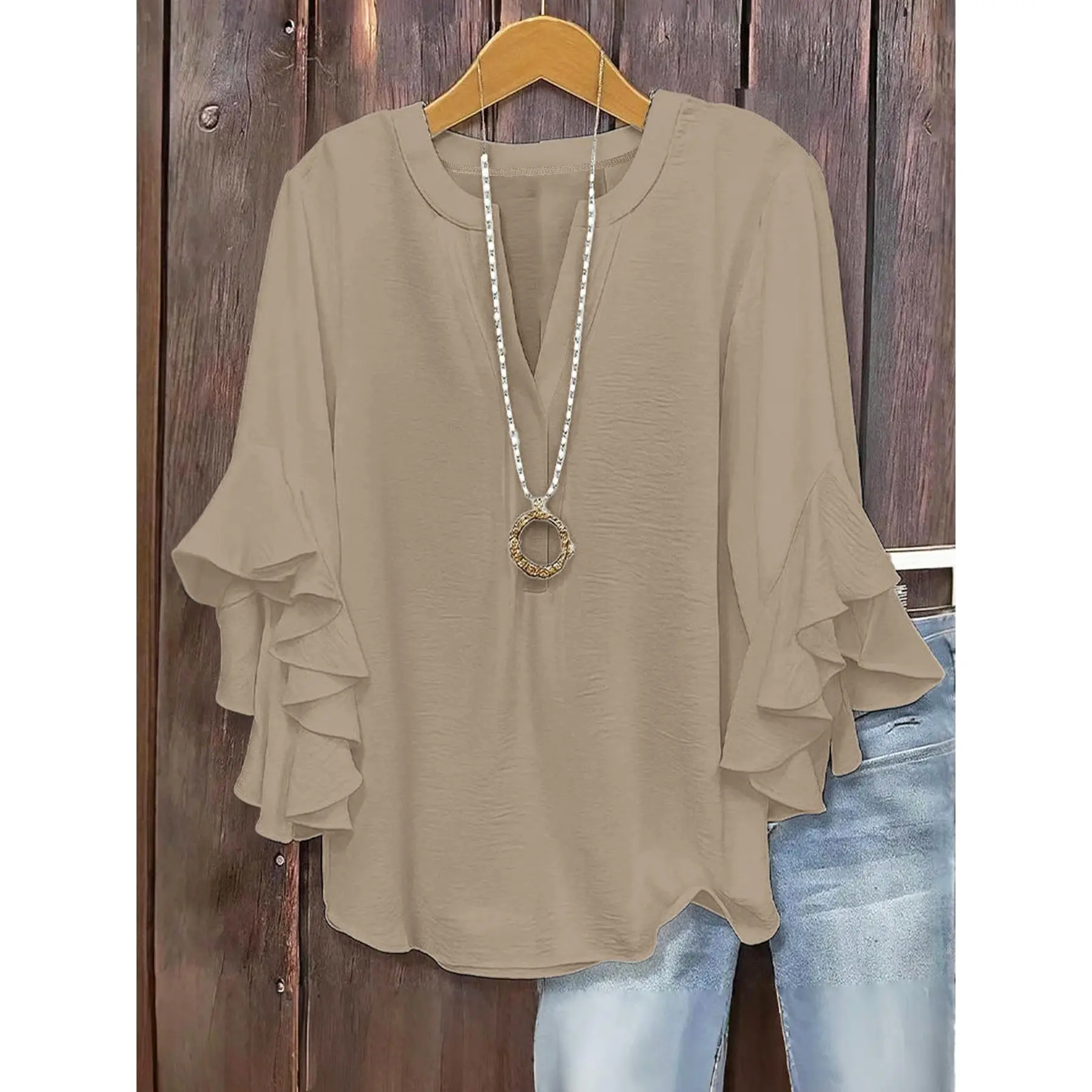 Women’s Plus Size Ruffle Sleeve Blouse, Split V-Neck Textured Loose Fit Top, 3/4 Layered Flutter Sleeve Casual Shirt for Work, Office, Travel, Brunch, Weekend & Everyday Wear