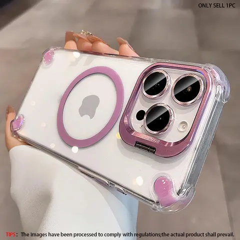 Anti-Shock Camera Metal Stand for iPhone 18/17/16 Pro Max/15/14+/13/12/11 Pro Max, Transparent Hard PC Shockproof Protective Case, Magsafe Wireless Charging Compatible