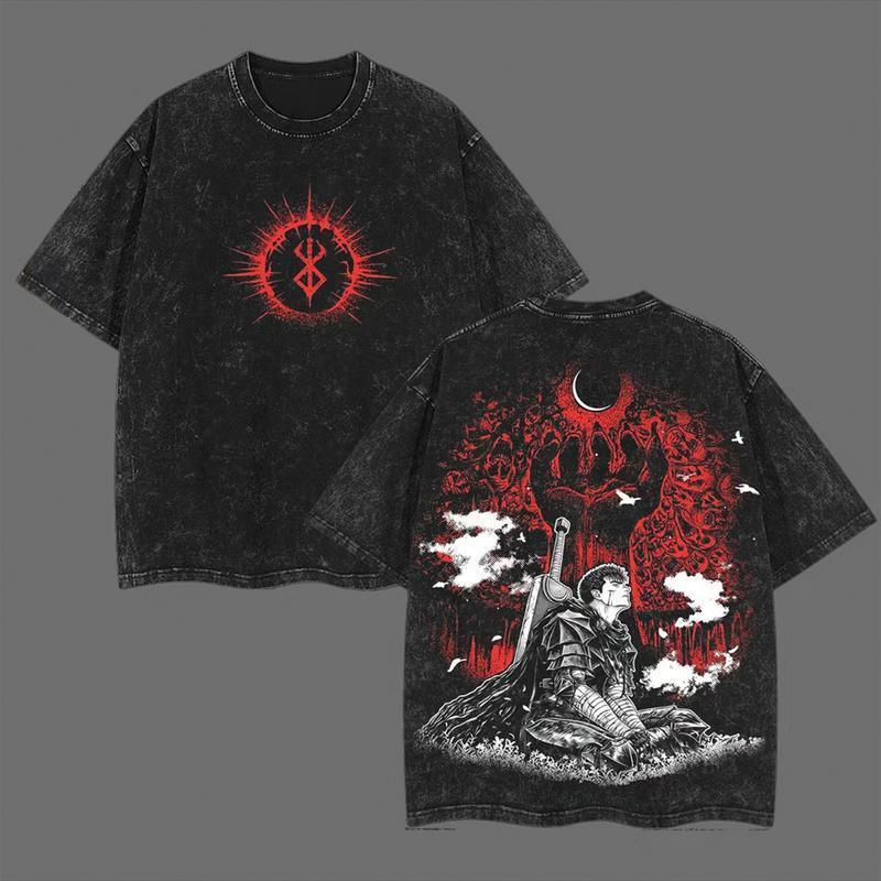 Berserk Dark Knight Guts Wolf Armor T-Shirt – Gothic Black Anime Manga Tee, Double-Sided Washed Graphic, Dark Fantasy Streetwear, Soft Cotton Crewneck Shirt, Retro Gothic Style, Unisex Fit for Men & Women, Perfect for Berserk Fans and Anime Collectors