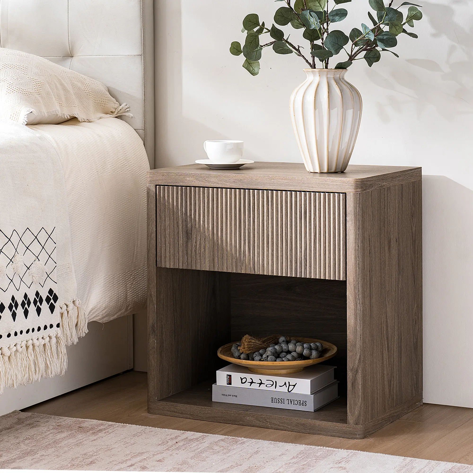 ARCH Nightstand with Drawer Storage Fluted Bedside Table Large Modern Wide End Table Mid Century Night Stands for Bedroom Living Room Sofa Couch Home Office Grey Alder, Bedroom Bedside Table for Bedroom, Guest Room, Dorm, Apartment and Small Spaces