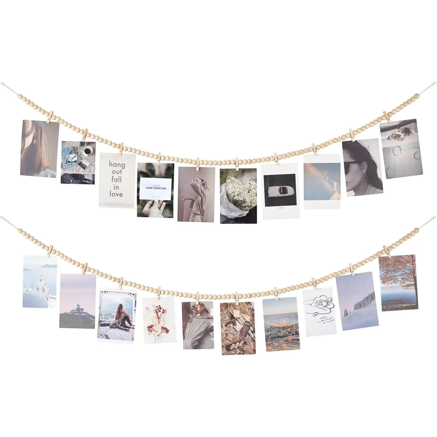 Hanging Photo Display with Clips, Boho Wooden Bead Garland Banner, Collage Card Picture Art Holder String with 10 Clips for Christmas Bedroom Dorm Decor, Teen Girl Gifts, Brown, 2 Pack