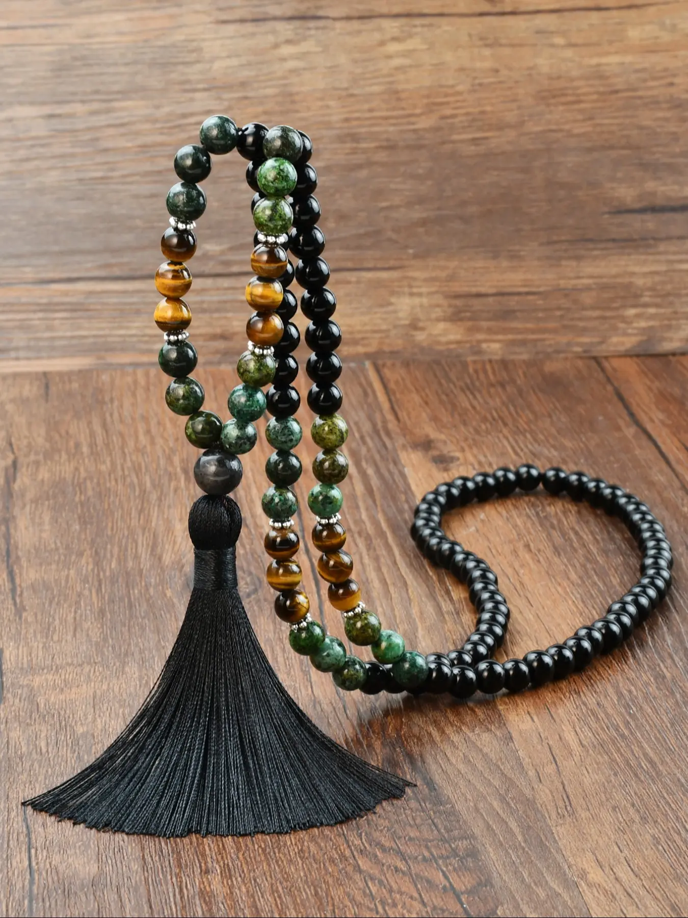 Vintage Boho Handmade Beaded Necklace, 108 Natural Stone Long Pendant, Colorful Tassel Chain, Artistic Style, All Seasons Jewelry