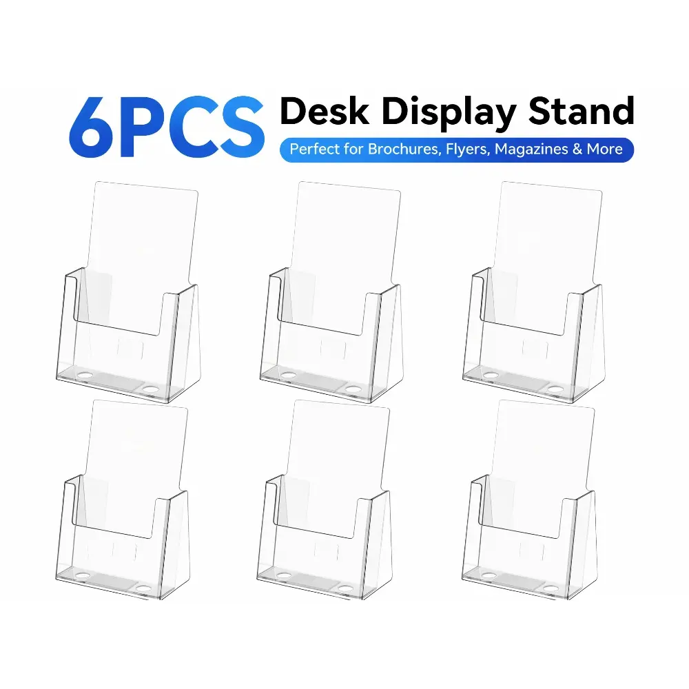 6 Packs Clear Acrylic Brochure Holder, Desktop Flyer Display Stand, Transparent Pamphlet Literature Rack for Booklets, Magazines, Flyers, Menu, Office Reception Counter