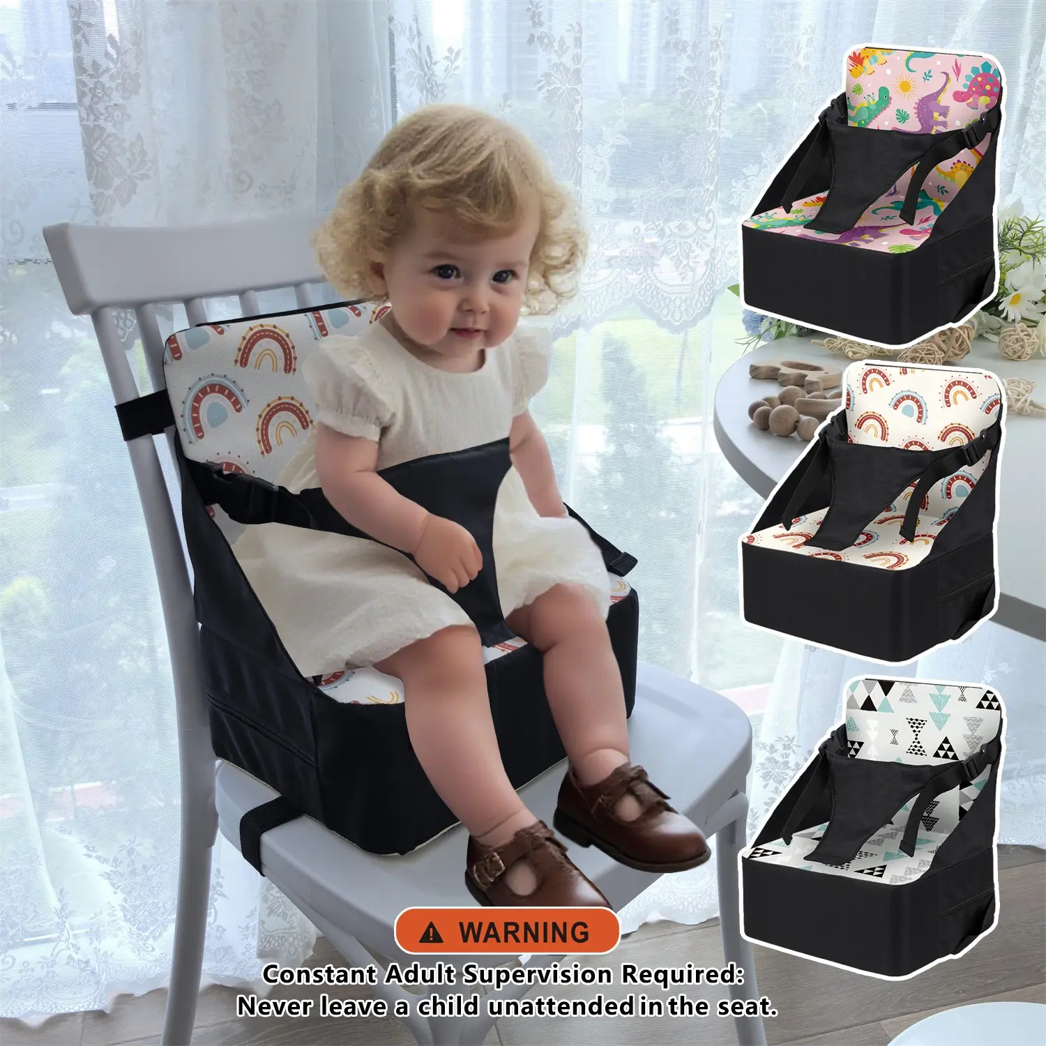 Toddler Booster Seat Cushion for Dining Table and Kitchen Chair, Portable Child High Chair Pad with Adjustable Safety Belt, Under 15kg
