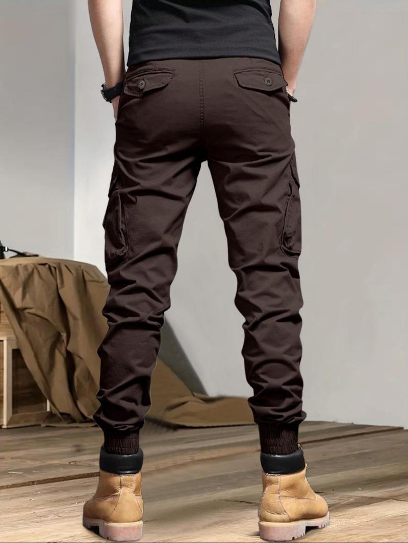 Men's Solid Drawstring Cargo Pants, Loose Casual Slant Pocket Elastic Waist Trousers for Outdoor Wear, Men's Streetwear Bottoms for All Seasons