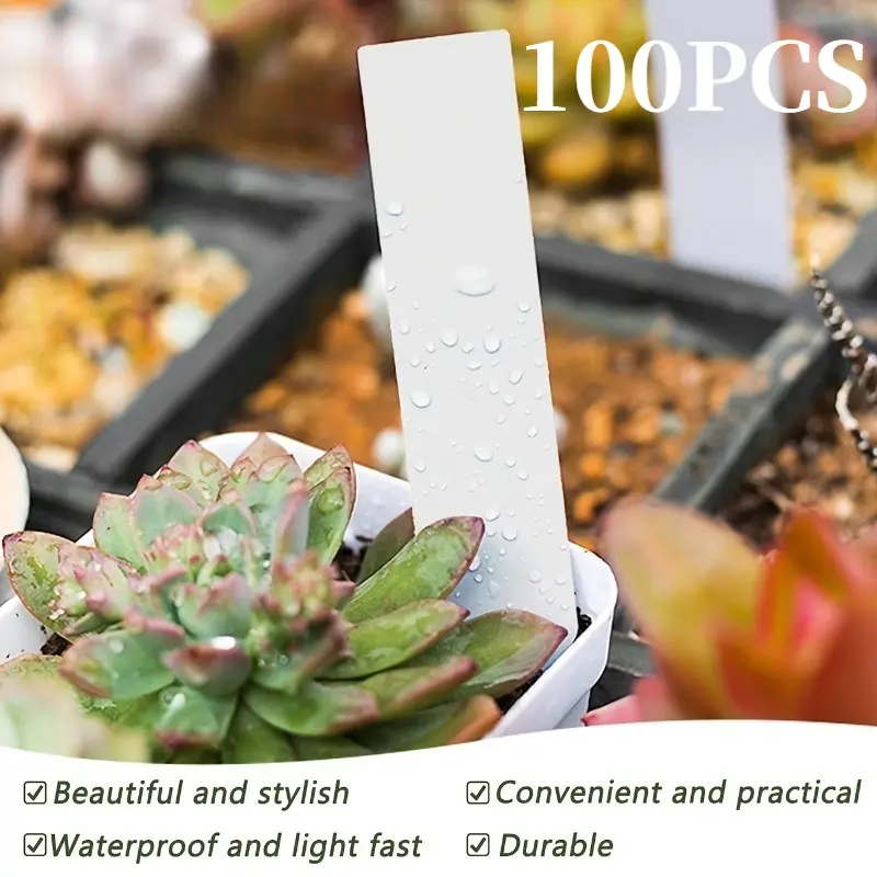 100Pcs White Waterproof Plant Labels Weather Resistant UV Anti Fade Plastic Garden Markers Smooth Sturdy Nursery Pot Insert Tags For Potted Vegetables Flowers Seedlings Home Gardening Supplies