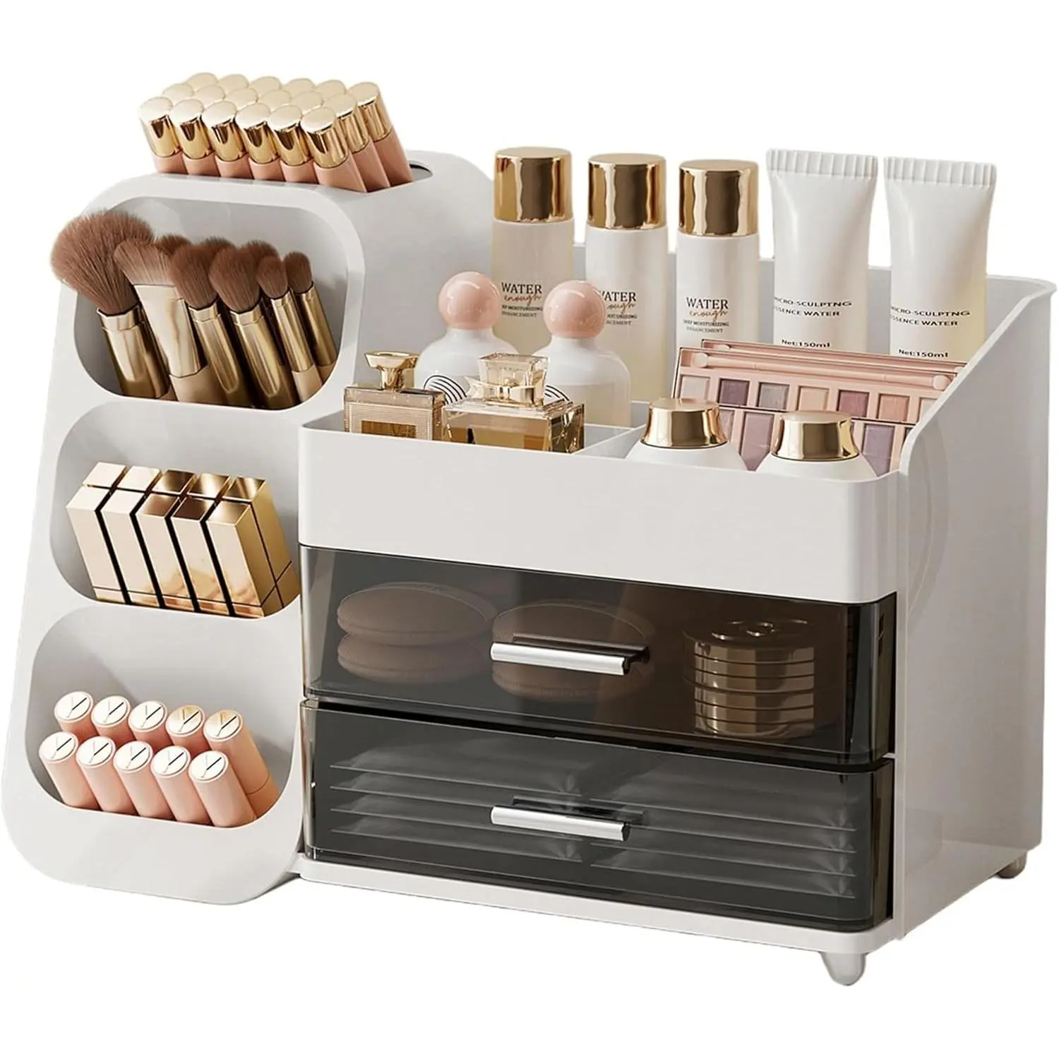 Plastic Waterproof Makeup Organizer with Brush Holder & 2 Drawers, Large-Capacity Vanity/Beauty Products Storage for Teenagers, Bathroom Countertop Case for Perfumes, Eyeshadow Palettes, Nail Polishes (Great Gift)
