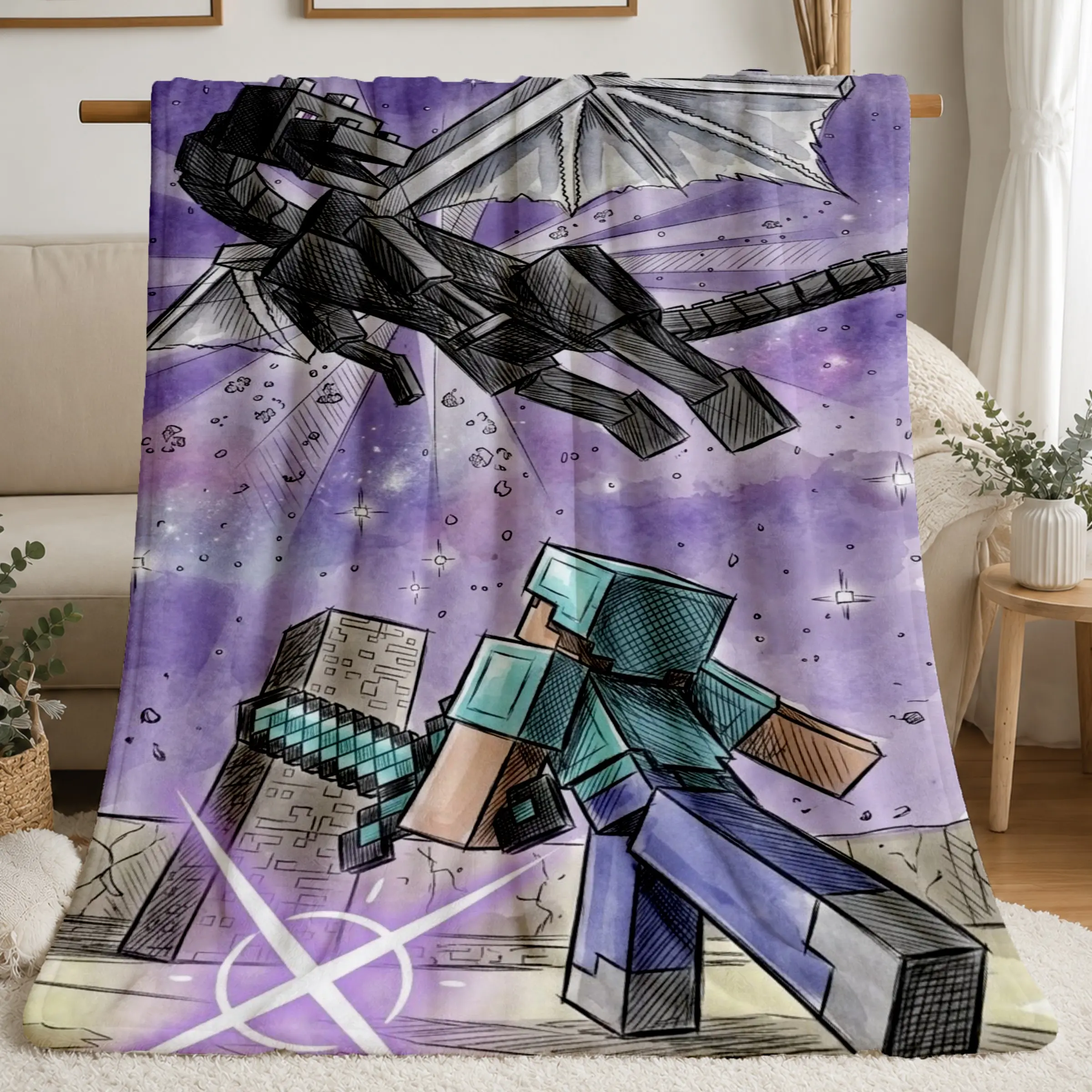 Minecraft-Style Ender Dragon and Knight Flannel Throw Blanket, Galaxy Sky, Soft Cozy Bedding for Kids, Teens, Gaming Room Decor, Gift for Gamers