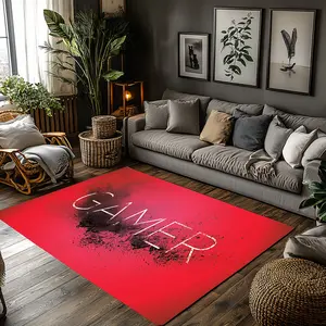 Red Splash Gamer Letter Crystal Velvet Gaming Bedroom Area Rug #RedGamerRug #InkSplashFloorMat #SimpleGamerCarpet #CrystalVelvetDecorMat
