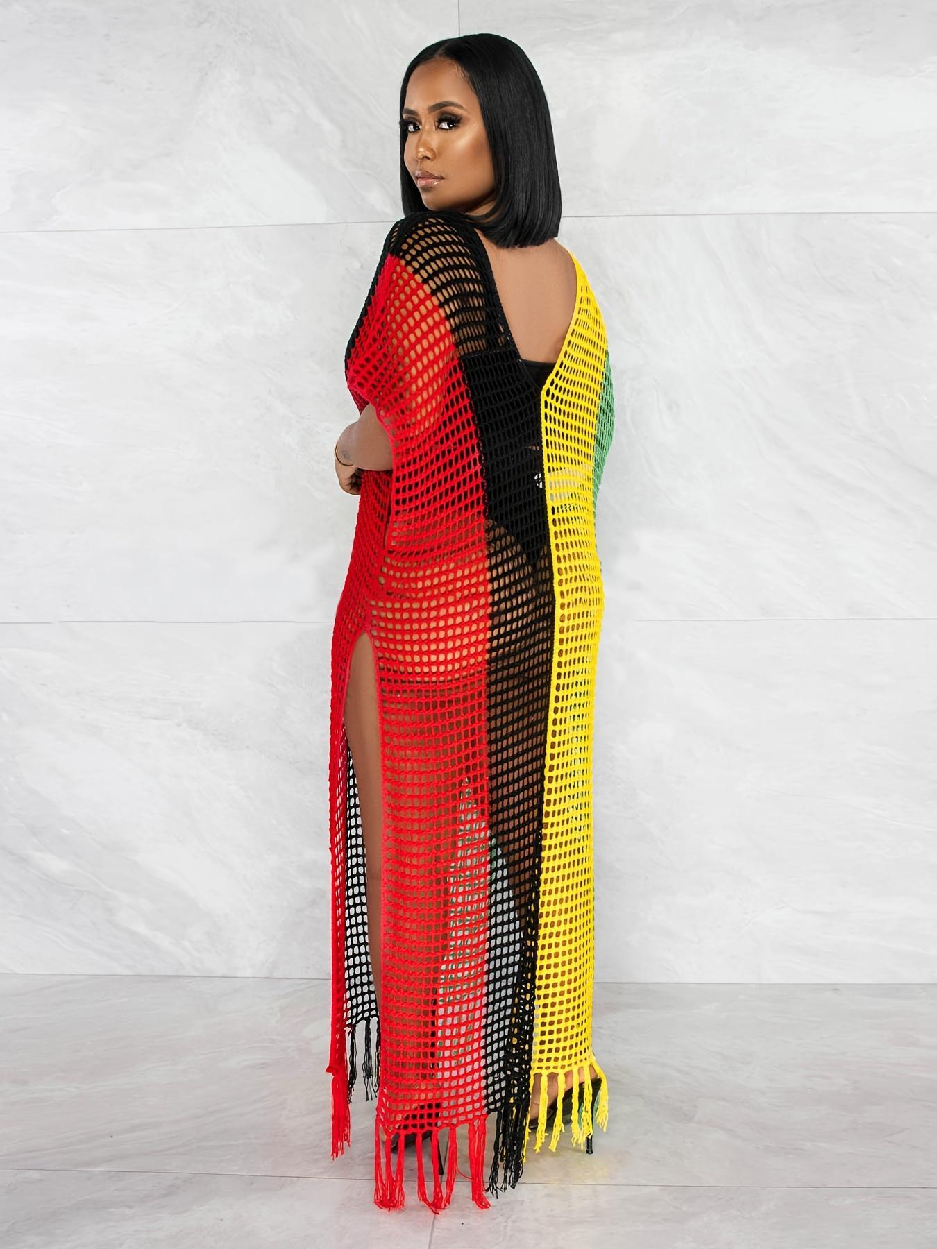 Plus Size Women's Striped Print Fringe Trim Hollow Out Split Thigh Sweater Dress, Plus Batwing Sleeve V Neck Cover Up Long Knitting Dress Swimsuit Cover Up Beach Cover Ups