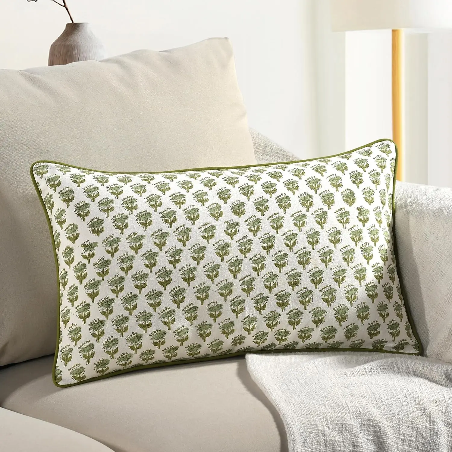 CPC Emerald Green 100% Cotton Block Print Sham Cover, 12x20in Handmade Boho Floral Pillowcase, Pillows for Decor, Farmhouse Cottagecore Bedding Soft Cushion Cover Gift for Spring Home Decor*3*
