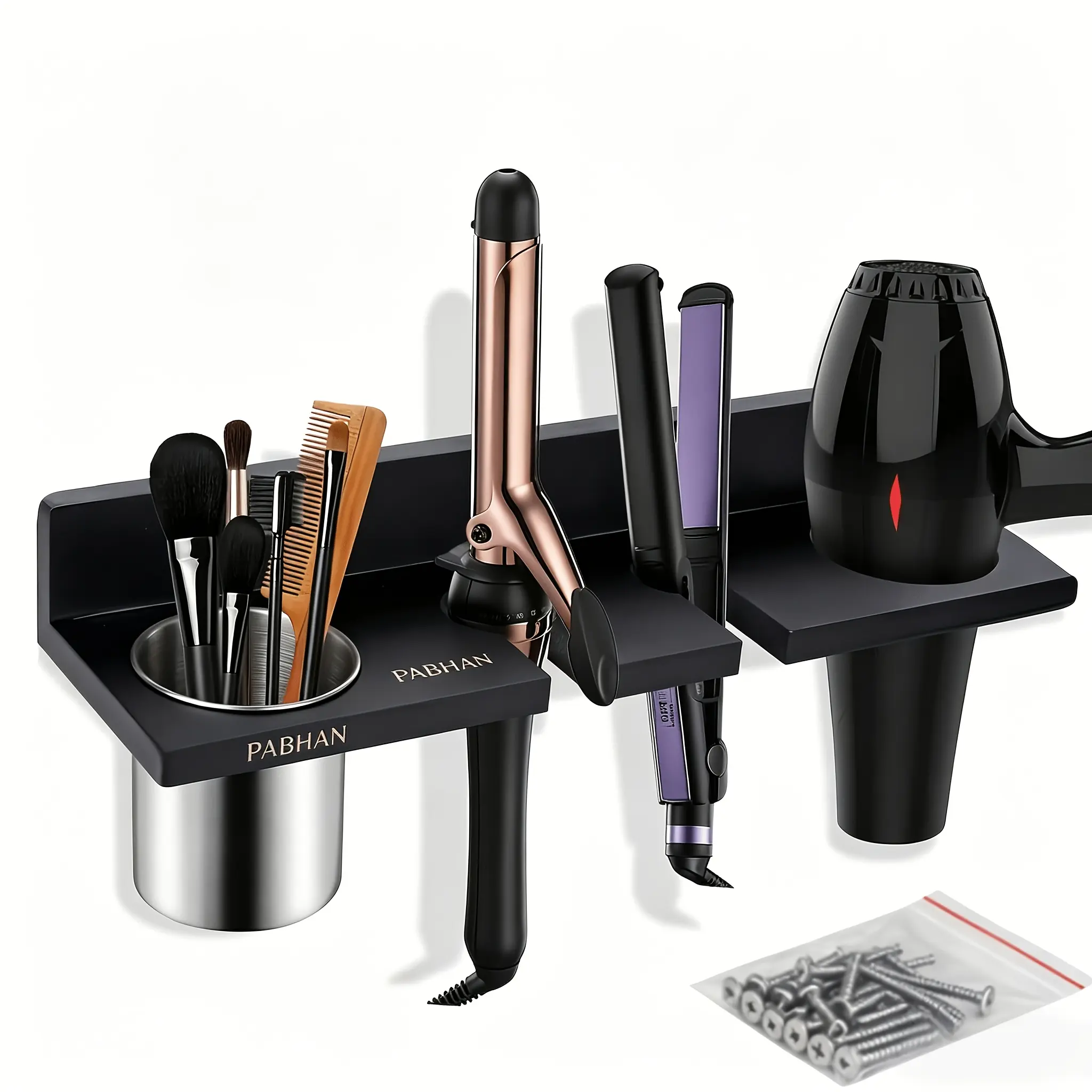 Wall-mounted wooden hair tool storage rack, multifunctional curling iron and hair dryer storage cabinet door, suitable for hair dryers, flat irons, and comb holders; bathroom accessories and beauty salon tool organizer