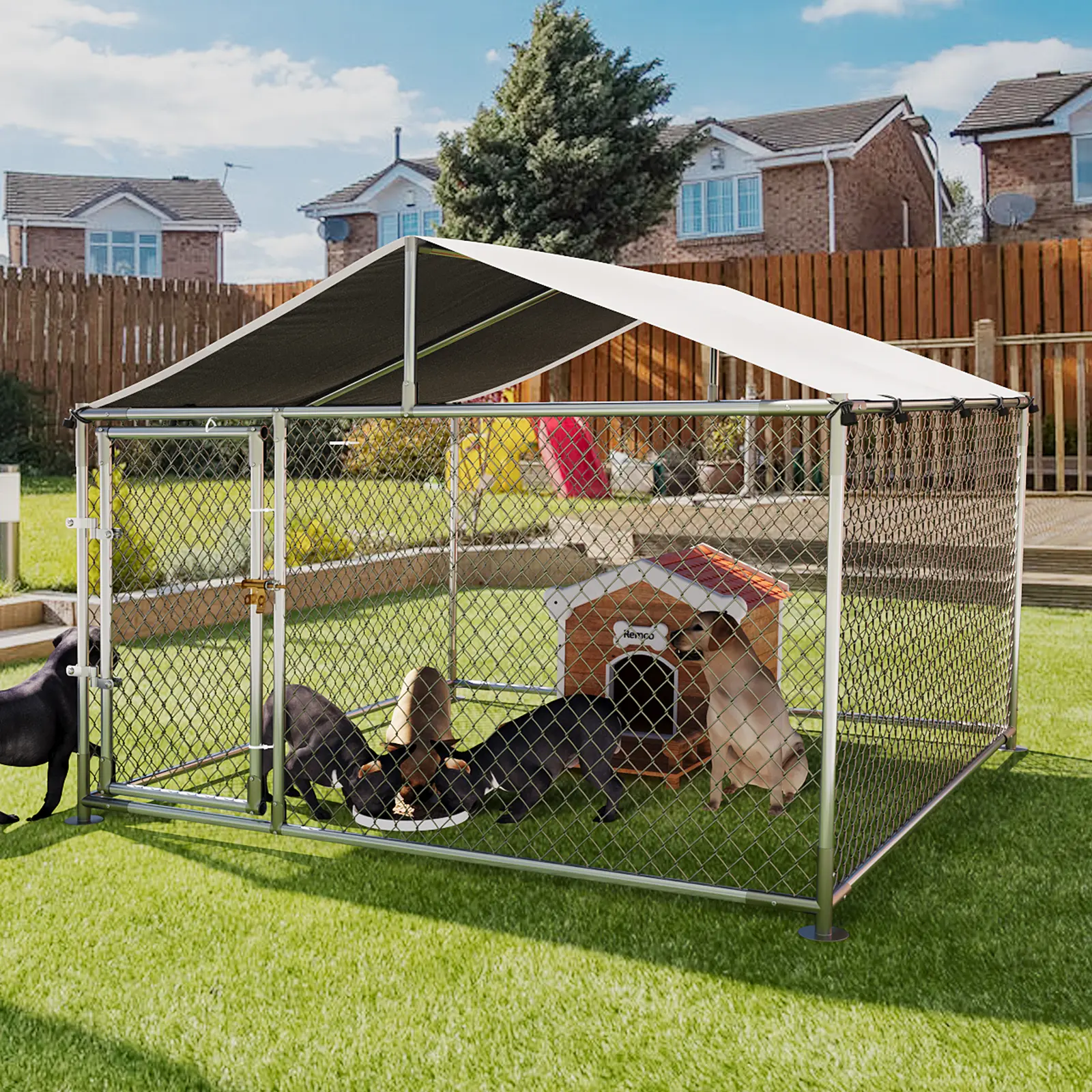 Outdoor Dog Kennel with Roof – Heavy Duty Large Dog Enclosure for Yard, Steel Fence with Ground Anchor & Lock – Pet Cage for Boarding, Farm, Camping