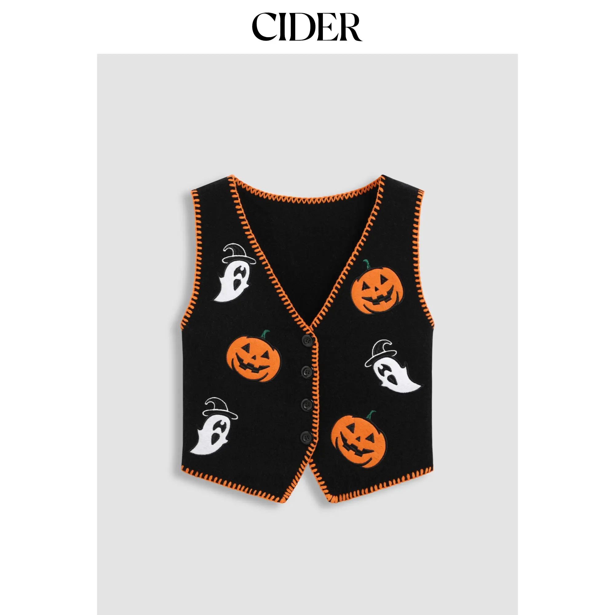 Cider [size 2-10] Knitted V-neck Pumpkin Ghost Contrasting Binding Vest