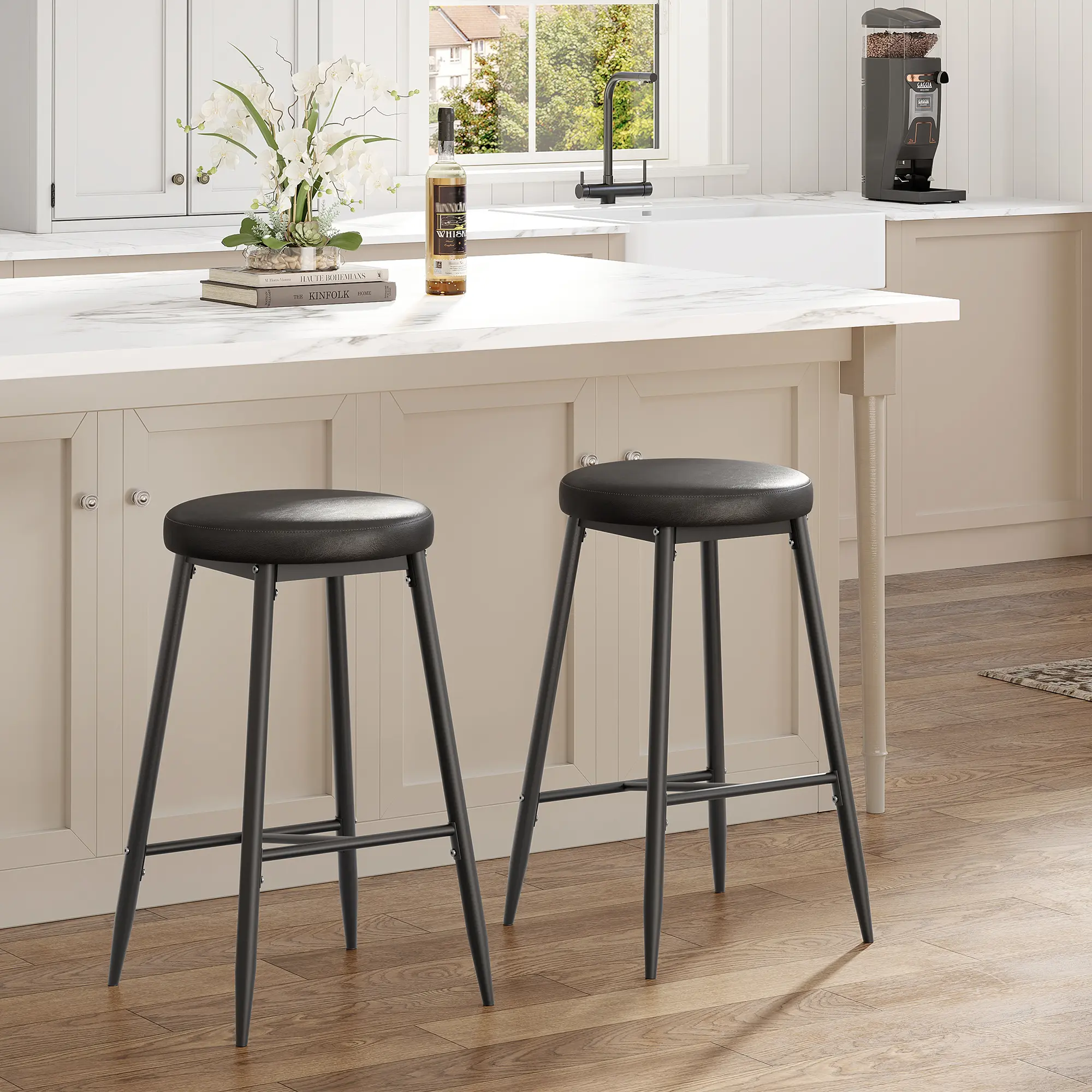 Modern Bar Stools Set of 2 – 24 Inch Counter Height, Brown PU Leather Upholstered Round Backless Seats, Durable Metal Frame with Footrest, Non-Slip Pads, Space-Saving, Easy Assembly for Kitchen Island, Home Bar, Restaurant