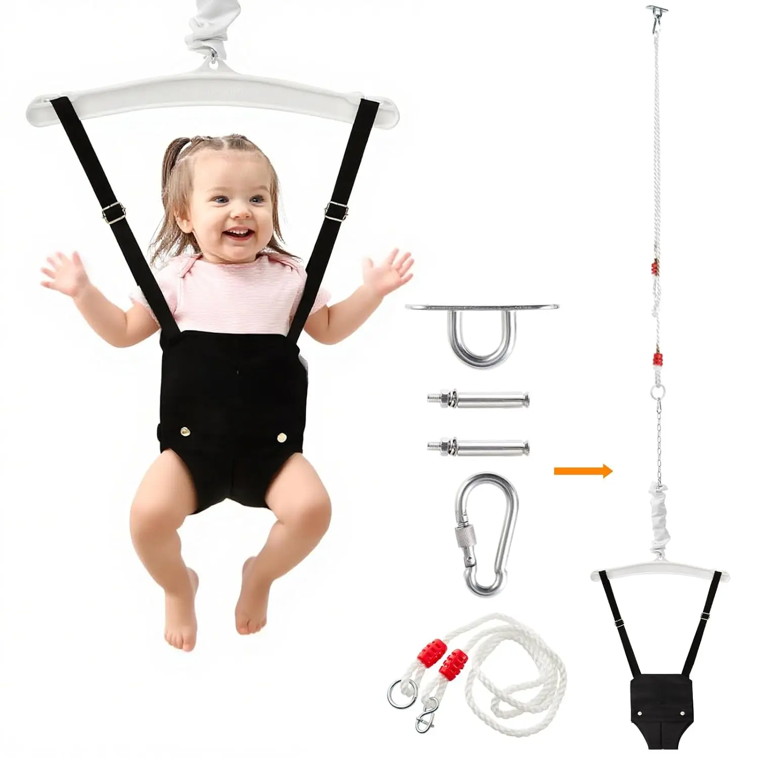 Baby Jumper with a Ceiling Hook  6-24 Months, Infant Jumper Doorway with Adjustable Chain, Baby Door Jumper  Indoor/Outdoor Play, Easy to Assemble & Store (with a Ceiling Hook) - Black