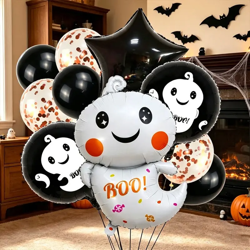 12-Piece Halloween Ghost Theme Balloon Set, Includes Ghost Balloons, Star Balloons, Latex Balloons, Perfect for Halloween family party, baby shower, kindergarten Halloween activities，Indoor Halloween-themed home decorations