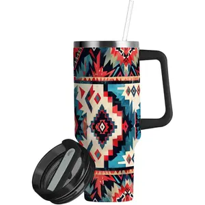 YETTASBIN Aztec 40 oz Tumbler with Handle, Stainless Steel Vacuum Insulated Sports Water Bottle, Leak-proof Travel Coffee Mug Cup with Lid and Straw for Water, Iced Tea or Coffee