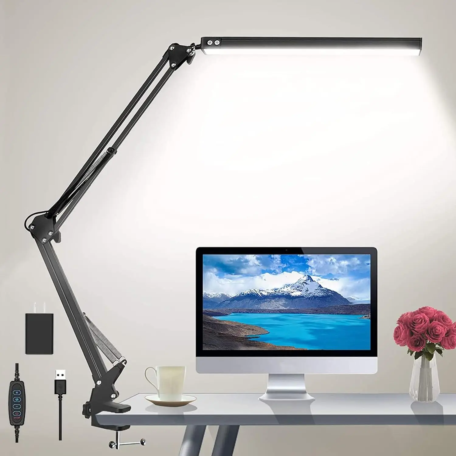 Eye-Protection LED Desk Lamp with Clamp - USB Cable, Adjustable Swing Arm, 3 Color Modes, 10 Brightness Levels, Memory Function, Daylight Lighting for Home Office Reading, Suitable for Grandparents, Welding Auxiliary Use
