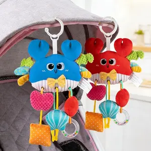 Baby Crib Hanging Toy, Plush Crab Rattle with Pull String, Mirror & Bell, Sensory Montessori Toy for 6+ Months, Crib Car Seat Stroller Toy