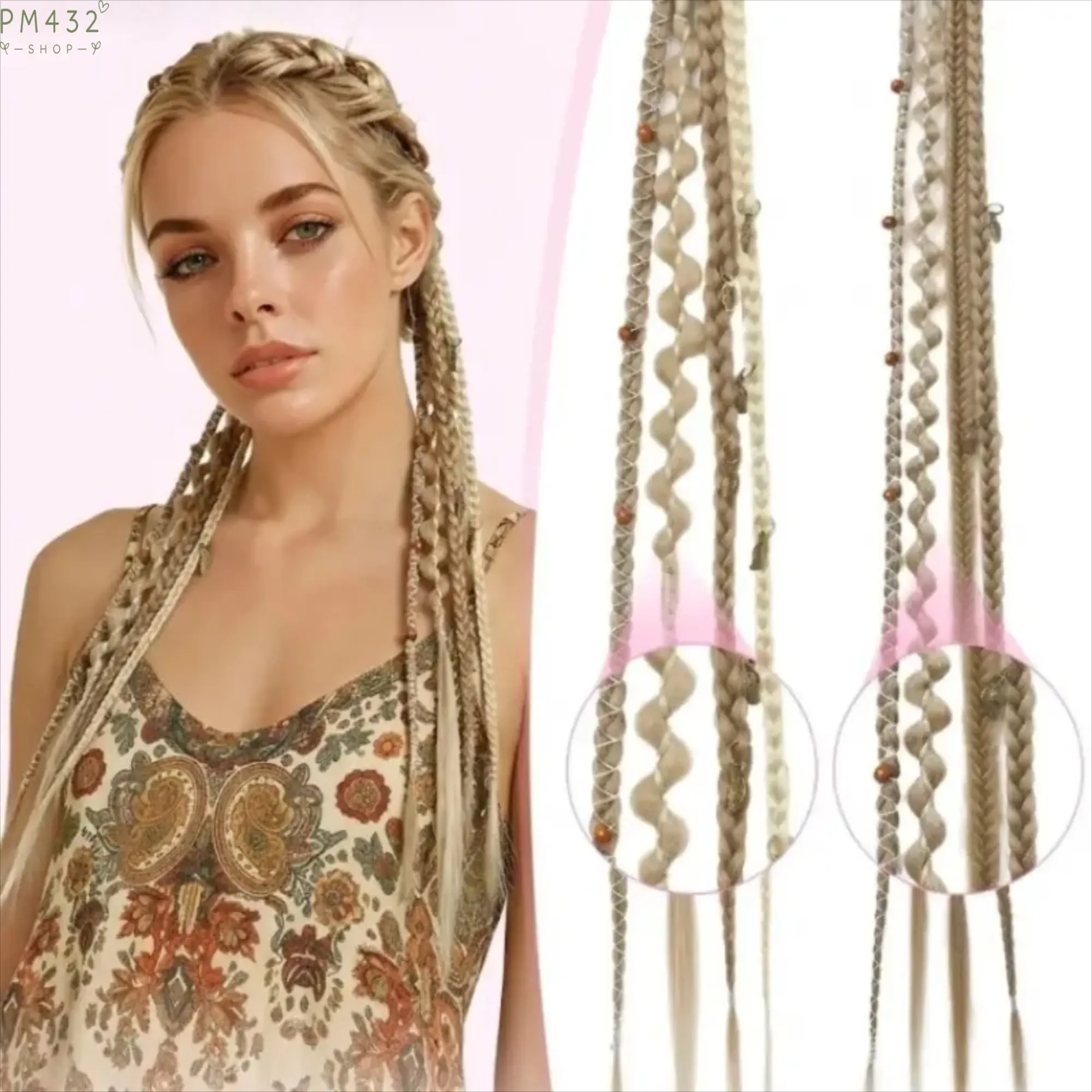 2Pcs 20 Inch Clip In Braided Hair Extensions, Boho Dreadlock Hair Pieces with Beads Charms, Soft Synthetic Hair Accessories, Easy Clip On Hair Decor for Women Daily Styling, Cosplay, Festival, Party and Vacation Looks