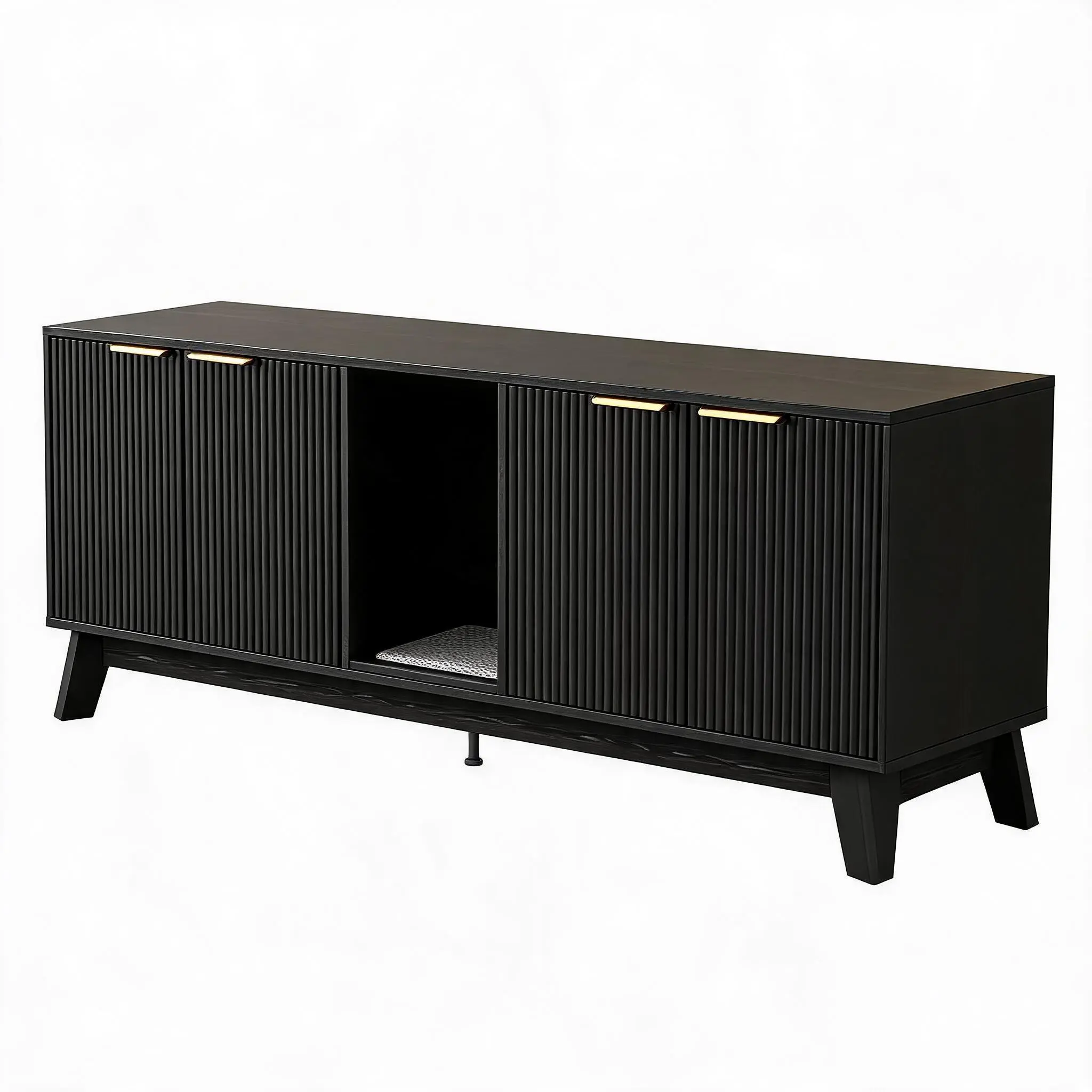 59" Wooden Hidden Cat Litter Box Enclosure Cabinet for 2 Cats - Double Room Design - Includes Litter Mat, Litter Storage & TV Stand/Side Table Furniture