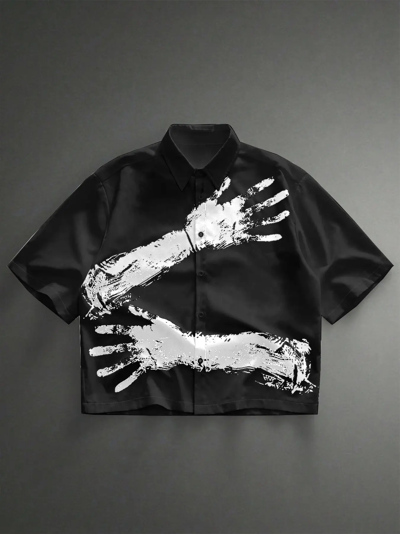 Men's Abstract Ink Handprint Loose Fit Short Sleeve Shirt, Casual Printed, Minimalist Striped Design, All-Season Casual Wear, Comfortable Clothing