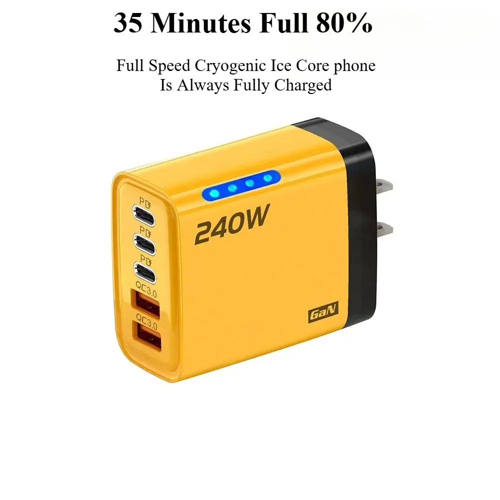 240W Output GaN Desktop Charger - 5 Ports (2USB+3Type-C) USB Adapters, QuickCharge 3.0, Fireproof PC Durable Charging Adapter with LED Light for iPhone, Samsung Devices, Five Ports