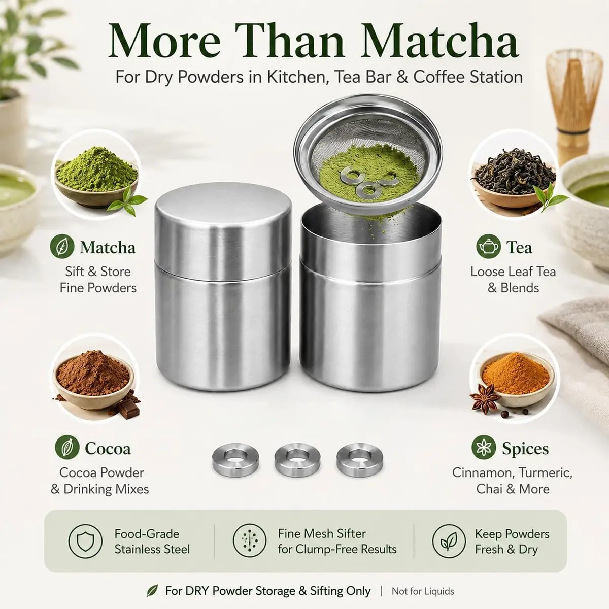300ML Hand-Pump Matcha Jar, 304 Stainless Steel, Home & Travel Use, Japanese Style Tea Storage Container, Kitchen, Coffee Bar