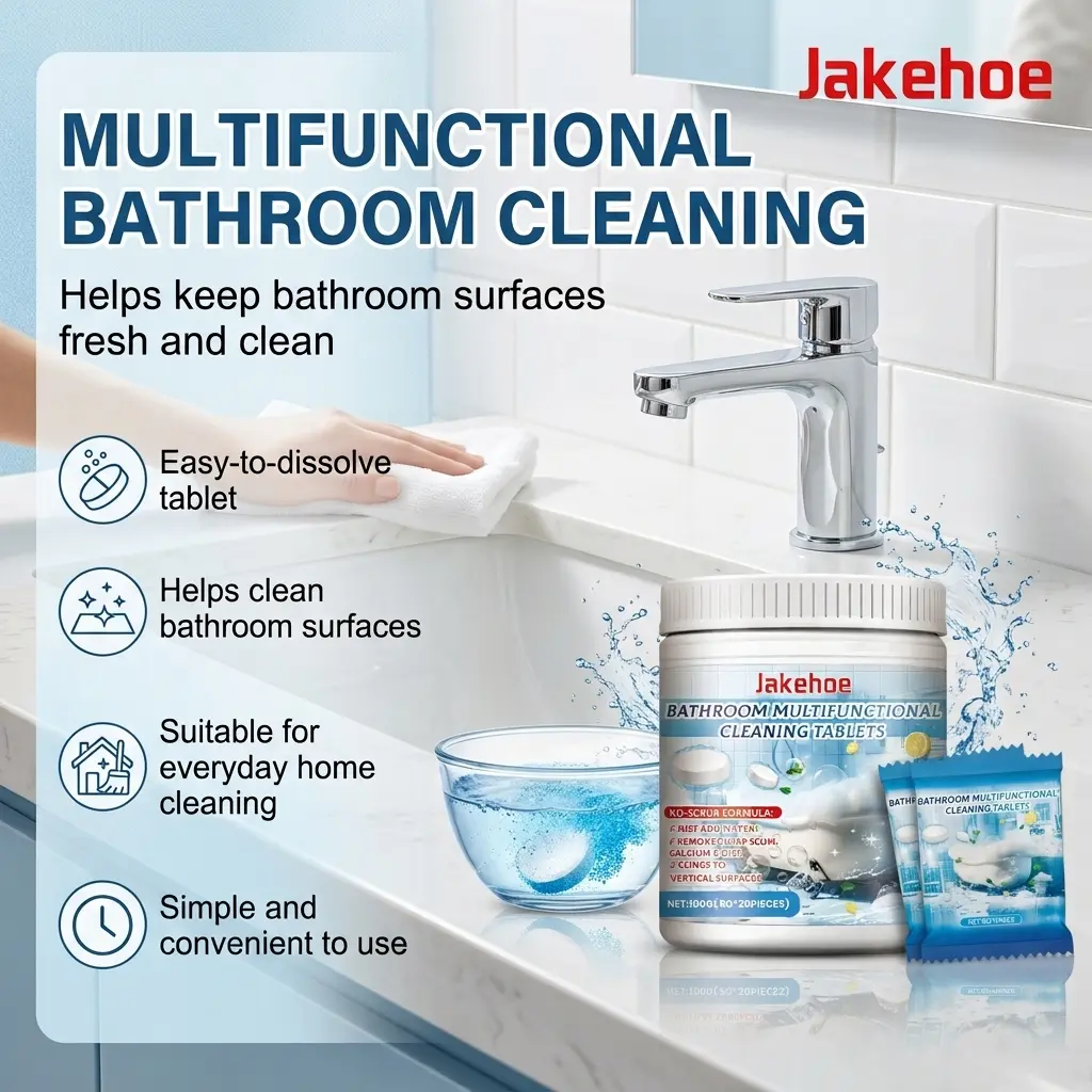 Bathroom Cleaner Tablets, Multi-Purpose Effervescent Cleaning Tabs for Bathroom Sink, Bathtub, Shower Glass, Tiles, Faucets, Limescale, Water Spots, Soap Scum, Stains, Odor Care, Deodorizing and Daily Household Bathroom Cleaning Use
