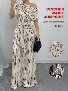 Elegant Geometric Print Women's Jumpsuit, Slim Fit One-Shoulder Waist Belt Design, Casual Home Wear for All Seasons