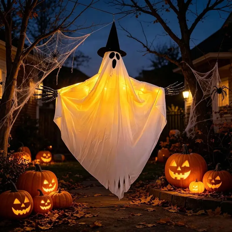 Halloween Hanging Ghost Outdoor Decor with String Lights, Battery Operated Glowing Ghost with Witch Hat & Skeleton Hands for Porch Yard Tree
