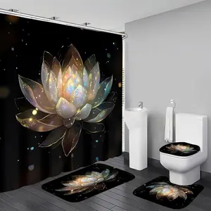 4PCS Lotus Shower Curtain Set Black and Gold Flower Bathroom Decor Sets with Shower Curtain Rugs Accessories and 12 Hooks for Toilet