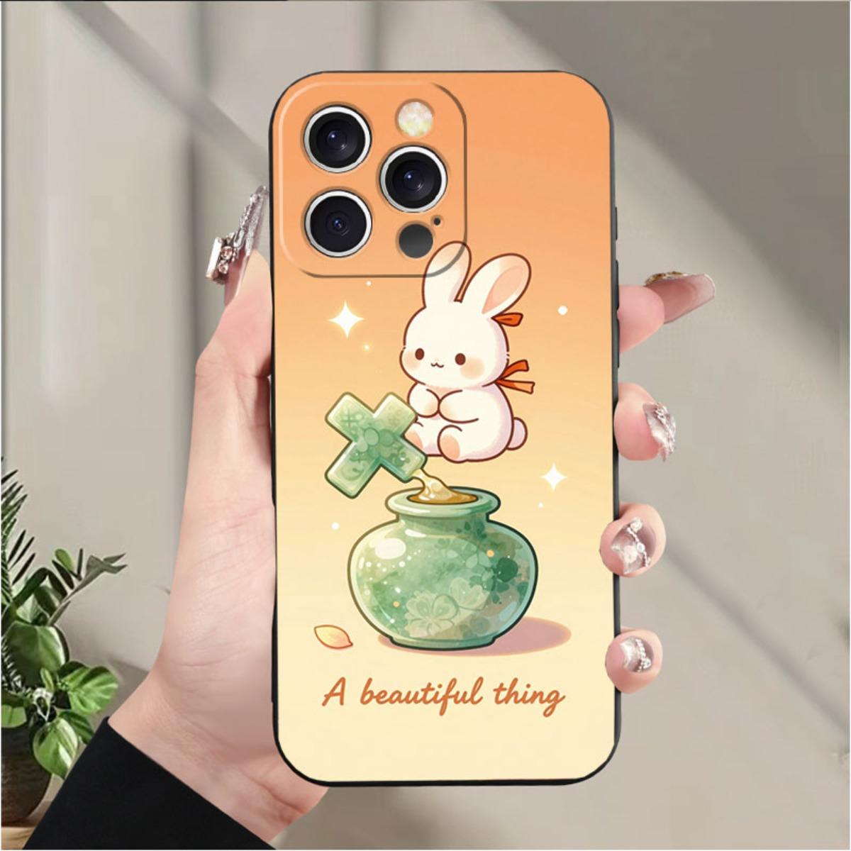 Phone case: Cute Christian rabbit and cross clover jar design, faith-inspired phone case suitable for iPhone 17/17pro/16/X/XS/XR/11/12/13/14/15/16Plus/17ProMax, printed imitation liquid silicone phone case