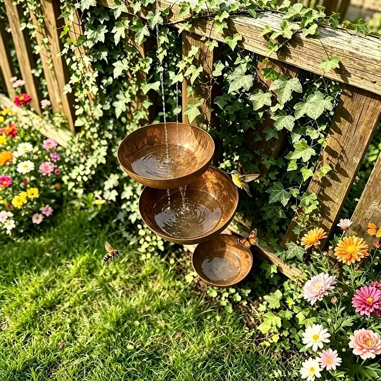European-style Courtyard Three-tier Ironwork Water Basin, Wall-mounted Recirculating Water Fountain, Garden Fountains, Perfect for Garden Landscaping and Feeding Birds.
