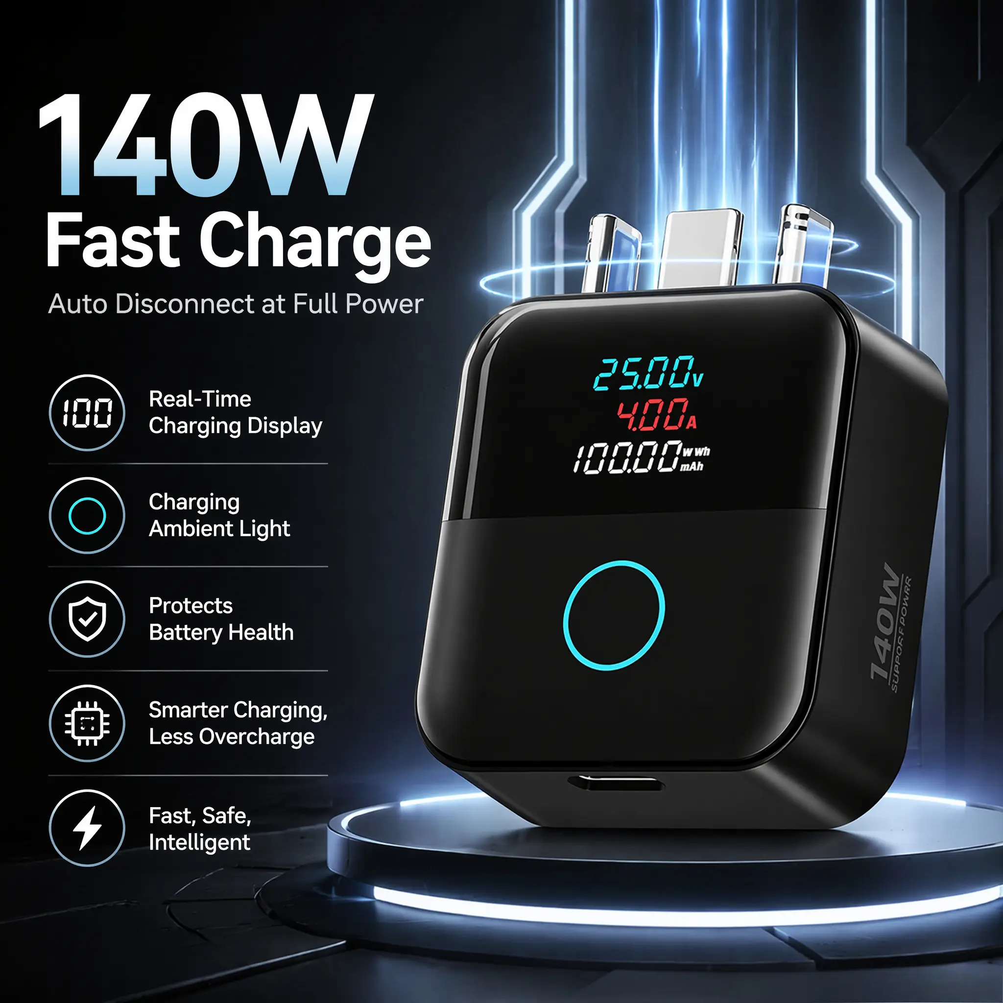 HIAKB 140W Fast Charging Auto-Stop Adapter with LED LCD Digital Display, Smart Protector Plug for Cellphone, Laptop, Electronic Device, Dual Disconnect Modes