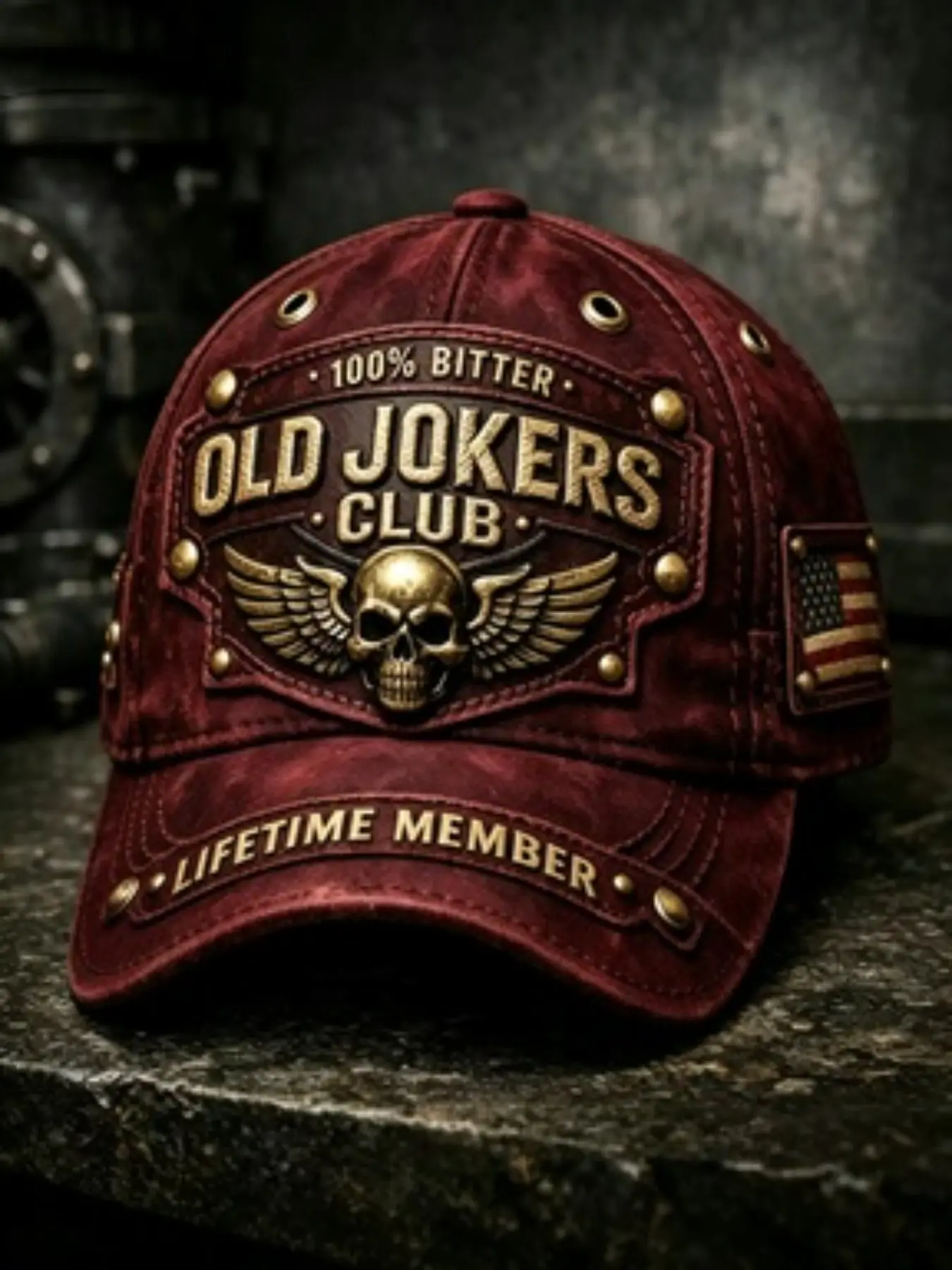 Old Jokers Club Limited Edition Baseball Cap, Brass Skull Wings Embossed, Rivet Work Design, American Streetwear Vintage Style