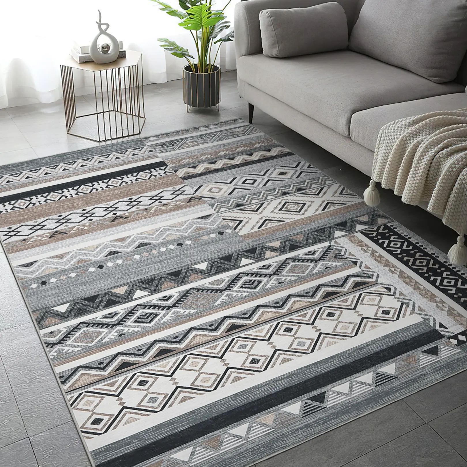 Area Rug Washable Rugs Distressed Vintage Tribal Geometric Area Rug for Living Room Bedroom Office Nursery Low Pile Neutral Soft Patchwork Rug Non Slip Large Area Rug Farmhouse Floor Cover