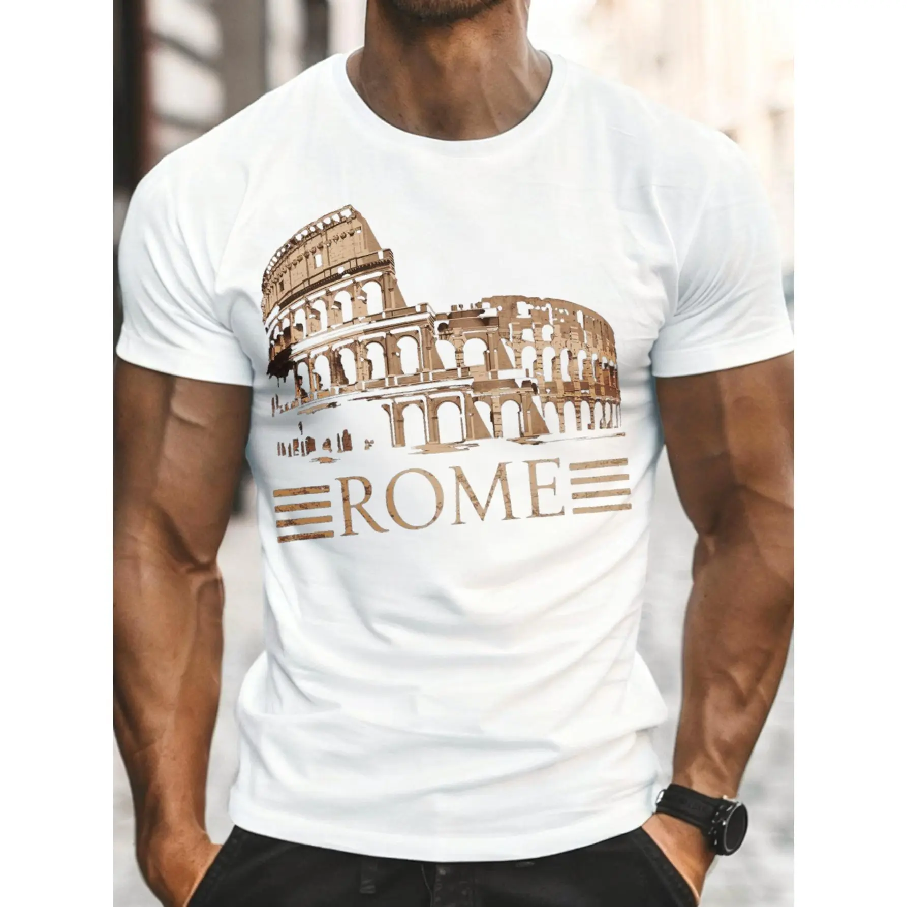 Vintage Style, Men's T-Shirt, Rome Colosseum Graphic Print, Summer Casual Wear, Gift For Travel Enthusiasts And History Lovers Fashion Menswear