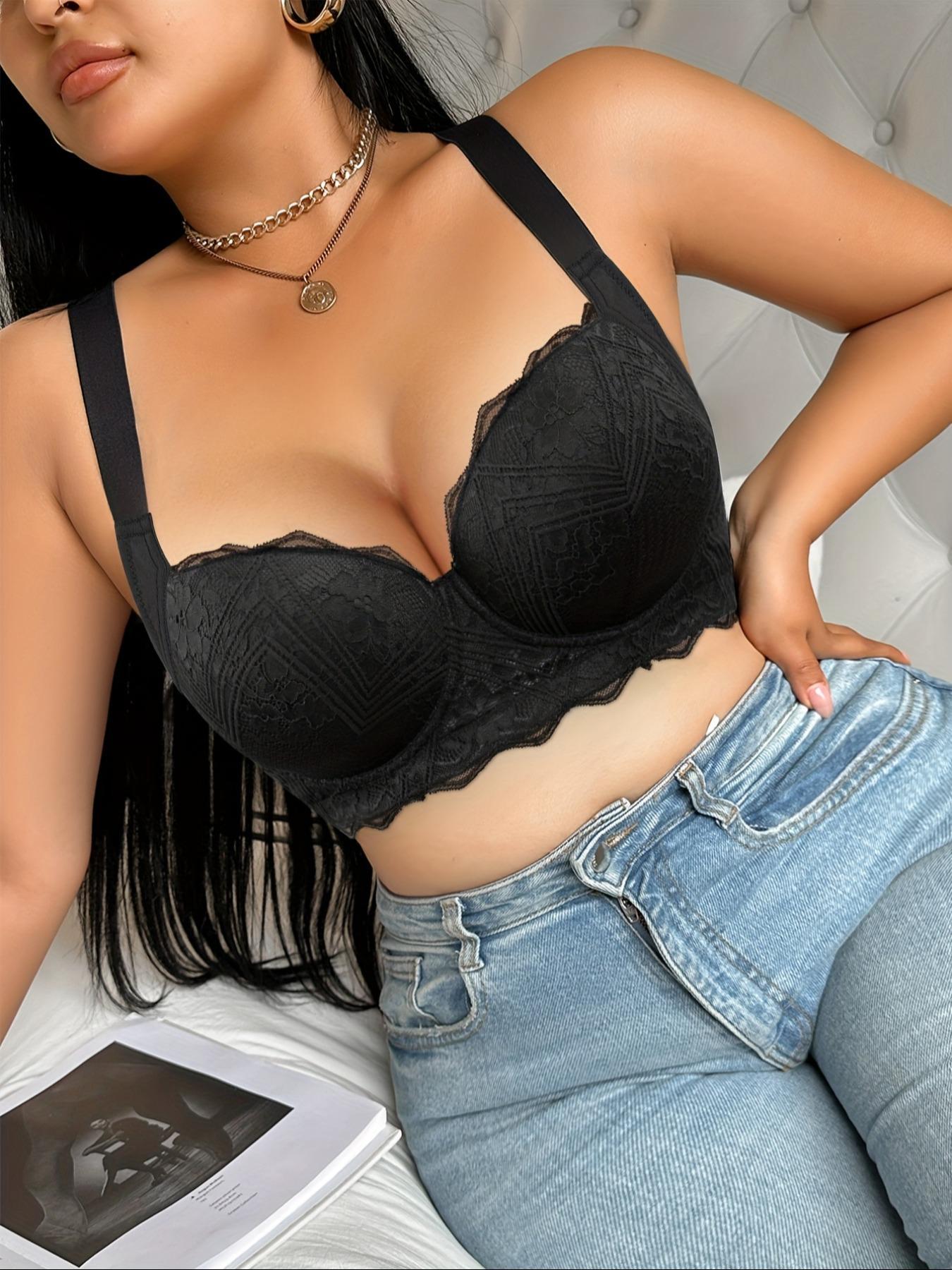 【Plus Size】 Solid Color Underwire Bra, Casual Comfy Breathable Lace Bra for Daily Wear, Women's Plus Size Lingerie for All Seasons