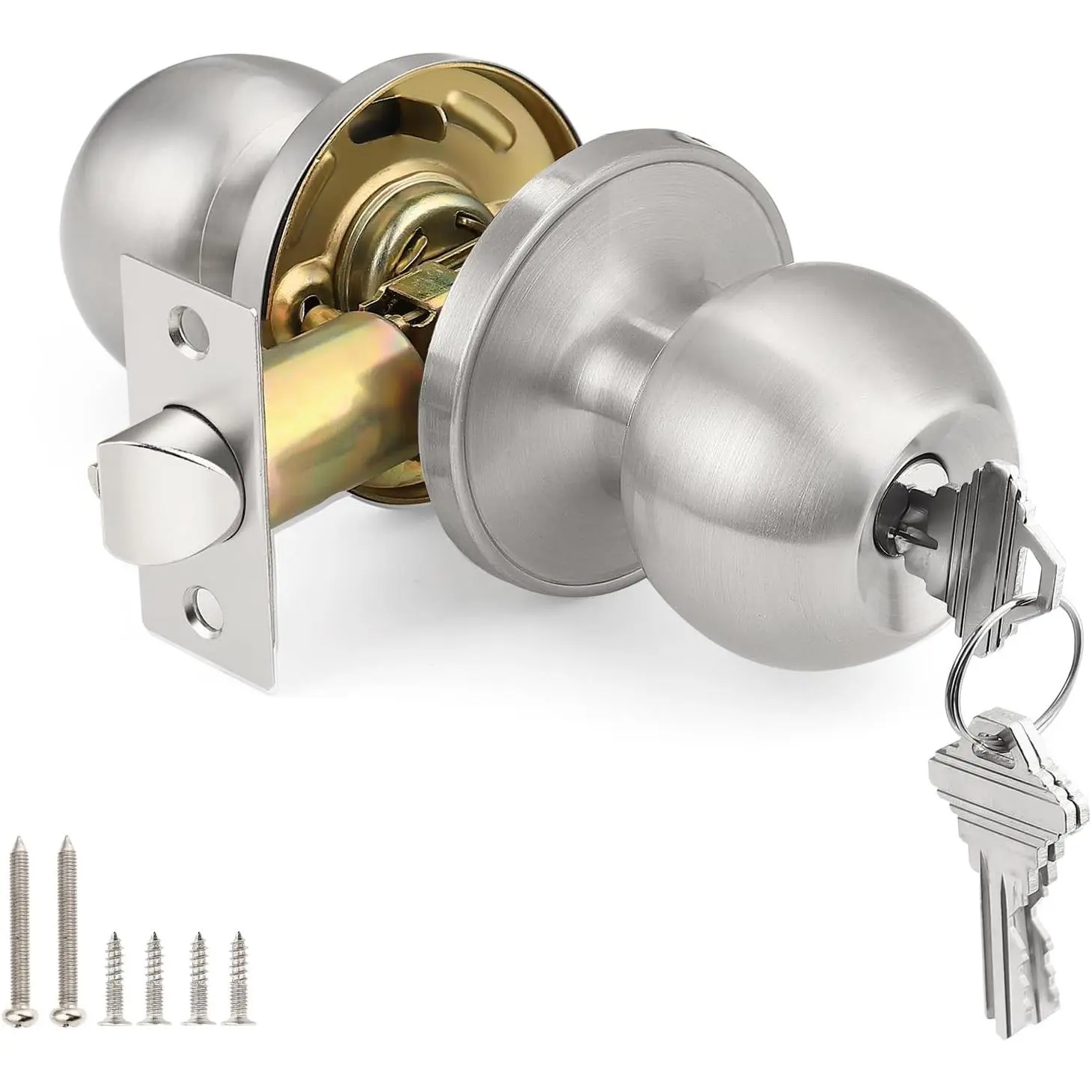Exterior Door Locks in Brushed Nickel Finish, Keyed Entry Door Knob with Different Keys for Front Door, Round Ball Shape Door Knobs, Exterior Door Handle, 1 Pack