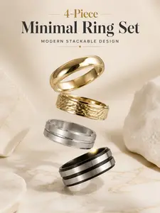 1 Set of 4 Pieces 14k Gold Plated Stainless Steel Rings, Anti-Tarnish, Fashionable Valentine's Day Gift, Casual Style Jewelry