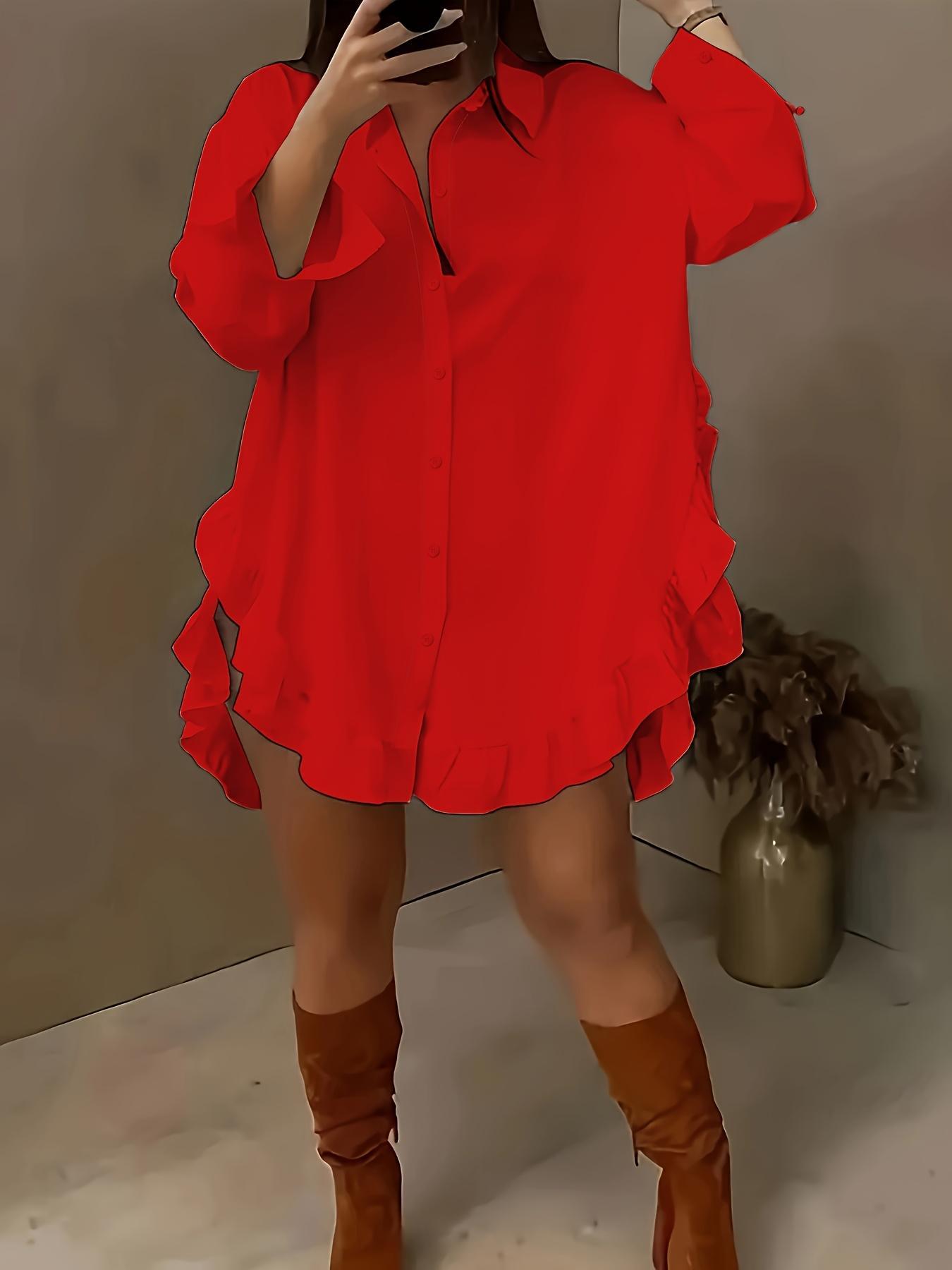 Women's Plain Ruffle Trim Button Front Blouse Shirts, Casual Long Sleeve Collared Top for Daily Wear, Ladies Clothes for All Seasons