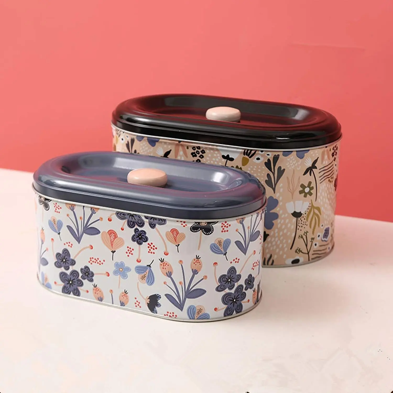Tin Cookie Snack Jars Biscuit Storage Tin Canister Cookie Jar Home Kitchen Food Gifts Storage Containers with Lid for Biscuit Cookie Chocolates Toddler Food-Safe (Floral D)