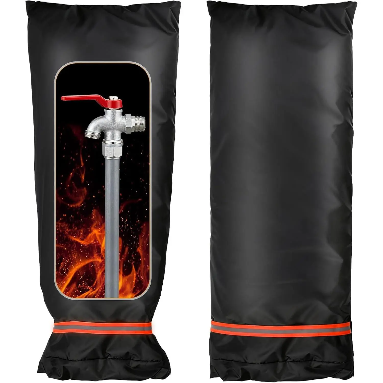 Reusable Waterproof Insulated Outdoor Faucet Covers for Winter Freeze Protection, Large 15"W x 35"H Spigot Pipe Cover Socks with Reflective Strips, Black