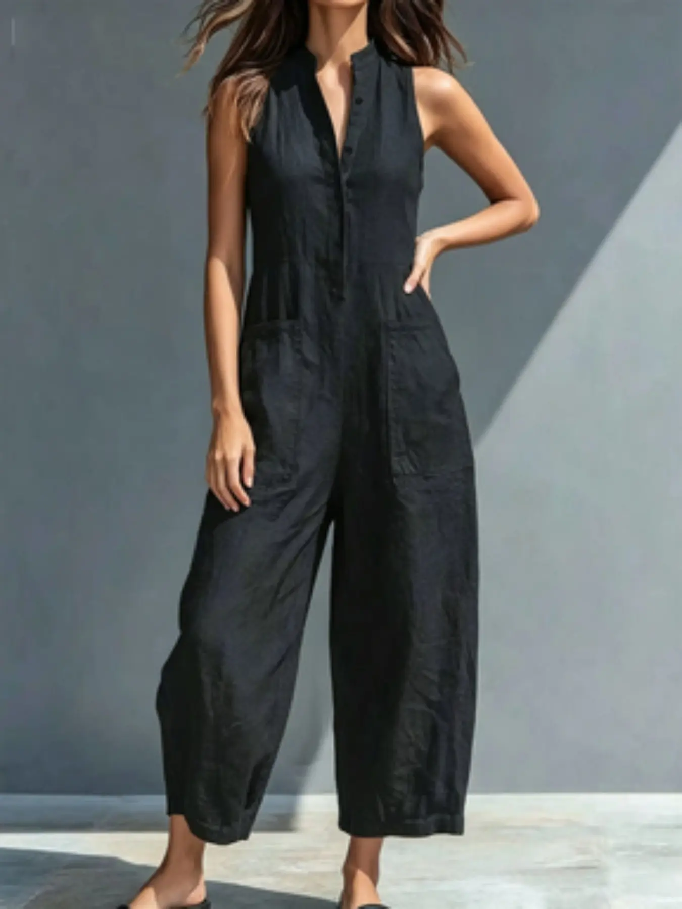 Women's Loose Sleeveless Romper, Stand Collar Button Front with Pockets, Comfortable and Stylish One-Piece for Daily Wear