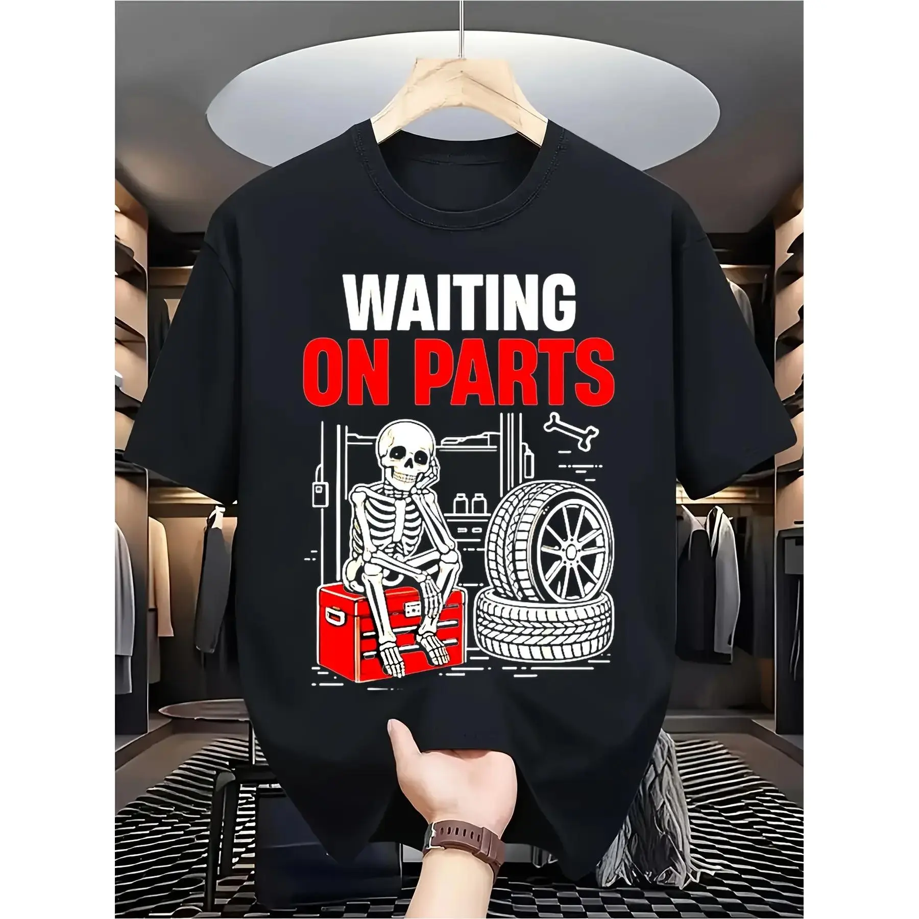 Men's Oversized Unisex Round Neck Shortsleeve Cotton Tshirt - Funny Mechanic Skeleton Auto Waiting on Parts Print, 2026 Summer Streetwear Clothes, Carnival Gift for Dads/Boyfriends, Black Casual Top fathers day gift ideas